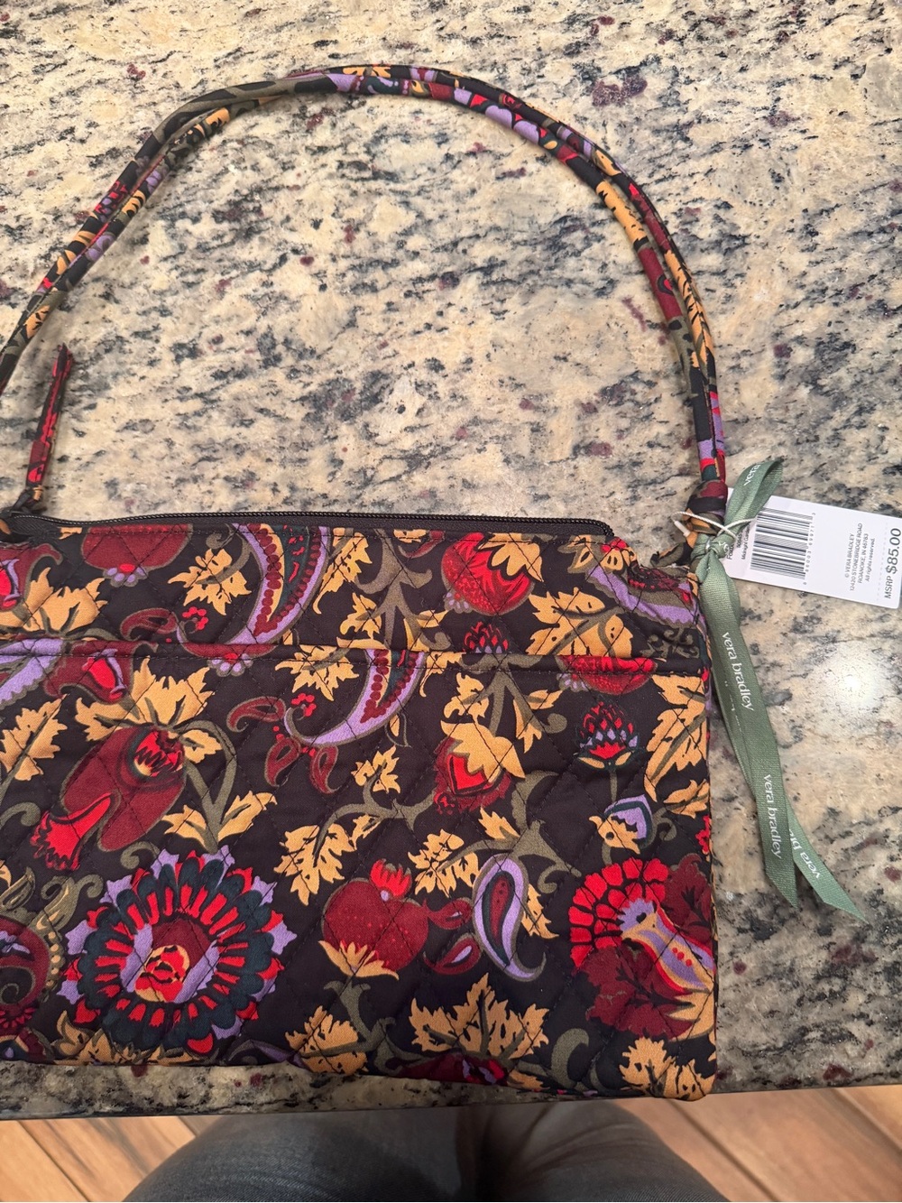 Vera Bradley Brown Quilted Floral Shoulder Bag with Red & Purple Accents